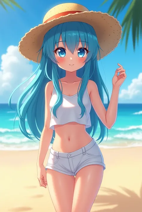  anime character :
 boy,  , shorty,  long blue hair,  bright blue eyes ,  snow-pale skin . He wears a white cropped tank top ,  short shorts showing his thighs and blue,  straw hat . beach.