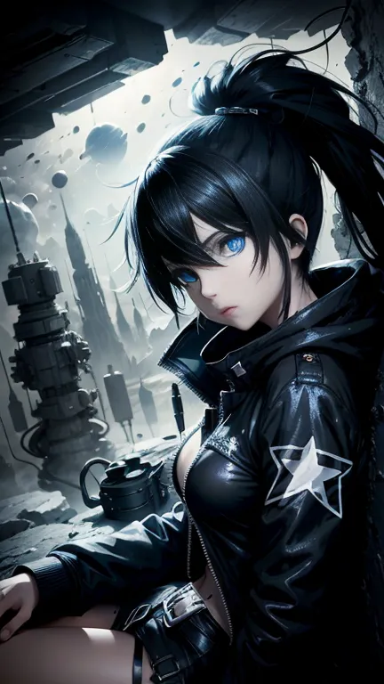 black rock shooter, space, trench coat, t-shirt, blue eyes,