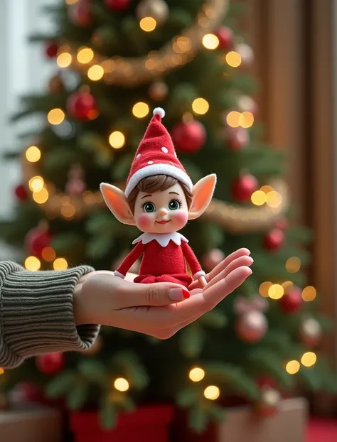 a  hand holds a stuffed elf in front of a Christmas tree