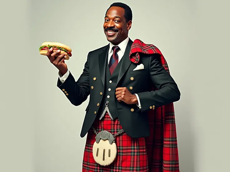 eddie murphy vestito scozzese che tiene un panino