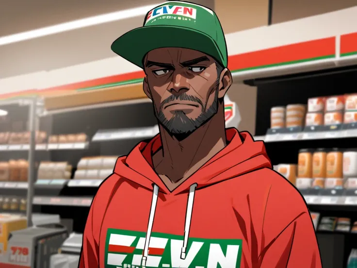 The 38 year old black american with a red hoodie and green cap is at a 7-eleven thinking. Slim build. He has some facial hair.