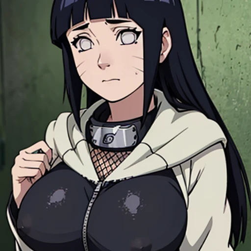  Close-up of Hinata Hyuga , Naruto Shippuden,  long black hair with bangs , grey eyes,  cute and detailed face , smooth skin, NSFW,  huge bust and heavy slender body,Bandana,  and tights ,  shy and sexy , 