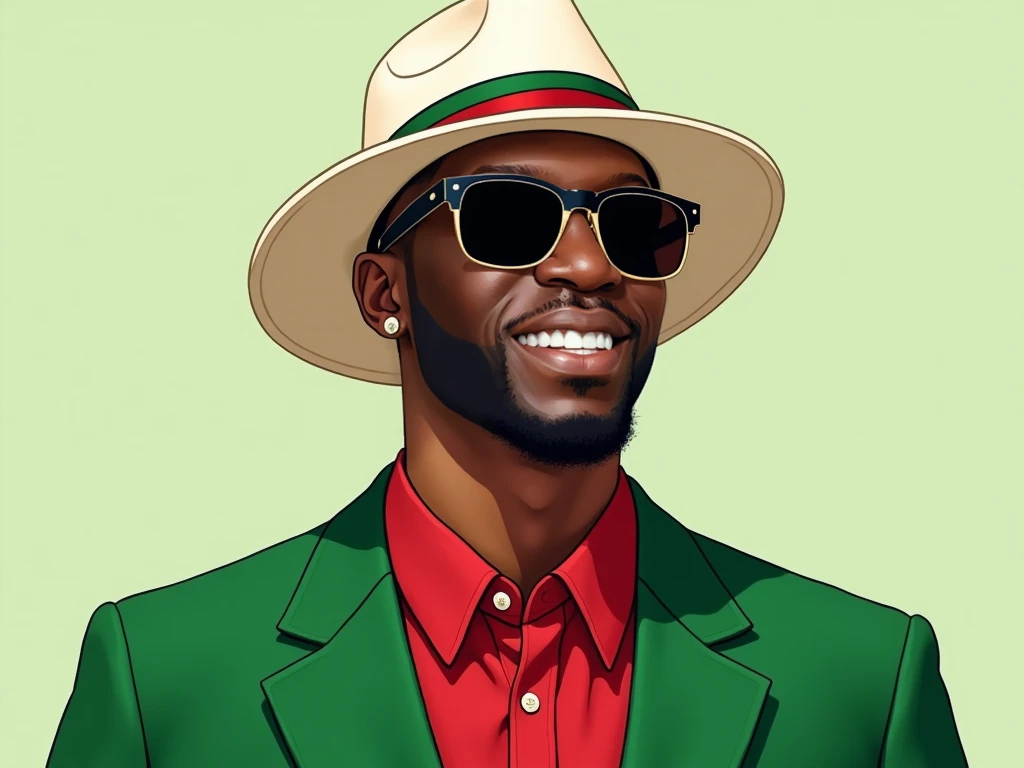 Draw a realistic human image as possible in 8k of a Podcaster named Kwaufi Nino smiling and with brighter skin and wearing a White or cream Brim hat with the gucci green and red stripe band on it and wearing a very nice all green Gucci Suit and open red sh...