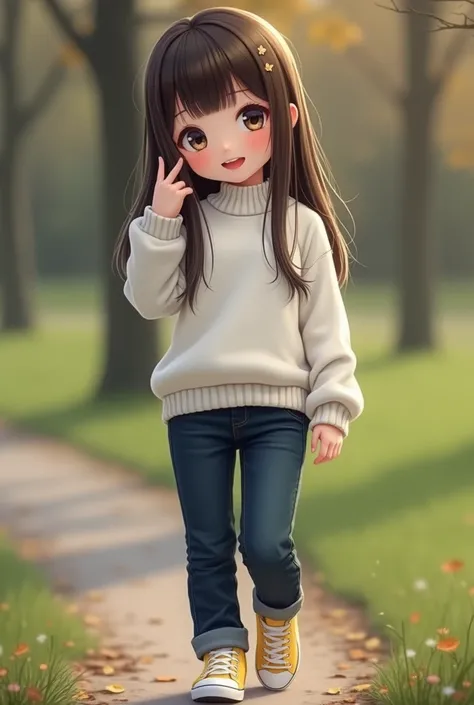 Beautiful girl with fair skin ,  symmetrical eyes next to woman ,  perfect face,  realistic skin、 dark brown long hair 、Im wearing a white sweater,  dark jeans ,  yellow Converse sneakers, In the park,  ultra detail,   full body image  、Single eyelid、With ...