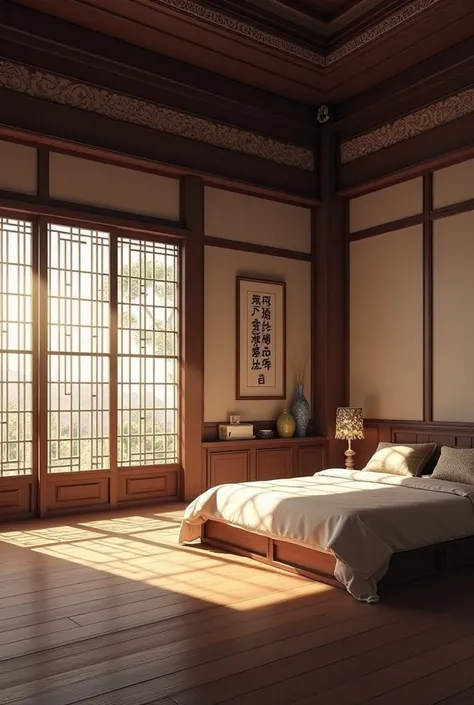 Create a Japanese room .  With the bed positioned on the right side diagonally .  Looking at the background of the room .  Create the image based on the Nikkô Tôshô-gu shrine. Placing all the features and design of the . Place the bed on the right side dia...