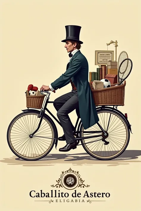  A simple image with the logo of the Colombian publishing house Caballito de Acero , dedicated to sports ,  that has an elegant man from the 19th century ,  with the headband and high hat and tail suit on a beautiful bike in which the character goes shoppi...