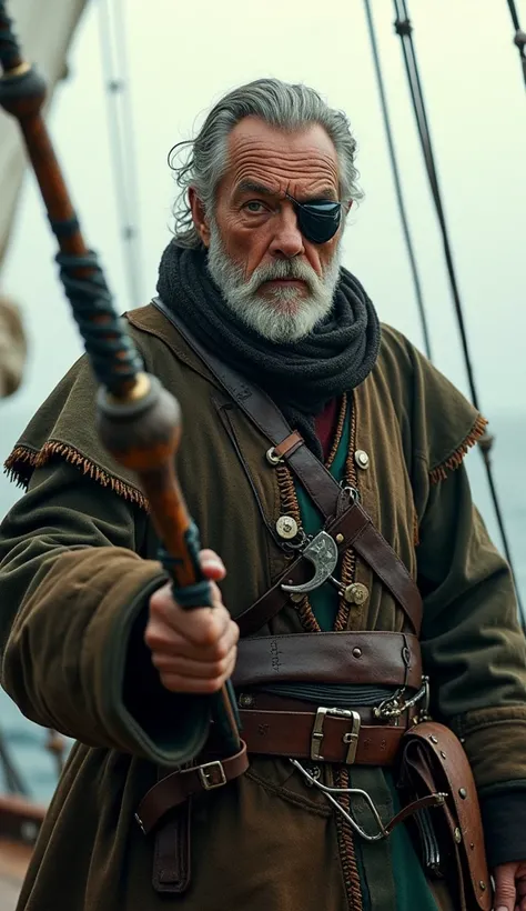 A rugged, middle-aged privateer with a deep tan and a mechanical eyepatch glowing faintly with an amber hue. Their coat is patched with scraps of old sails and edged with copper rivets, while a wide leather belt holds several tools of the trade. Their weap...