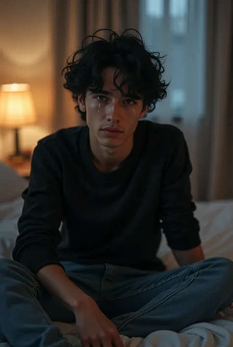 (photorealism:1.2), a beautiful young man sitting on bed, indoor, black shiny curly hair, wearing a very extreme fashionista top, and a good looking jeans, weak dusk light breaks through the window, blurred background, hes silently crying tears, hes lookin...