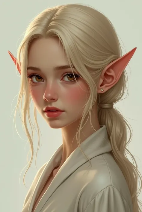  Elf,  blonde ,  brown eye , plain shirt, hair is gathered in a lower bun, Semi-realism