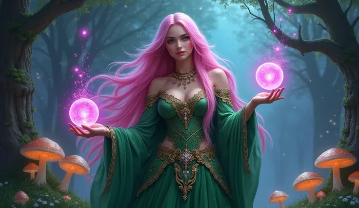 "Design an image of a mystical sorceress with long, flowing pink hair, wearing an elaborate green and gold dress. She should be standing in a mystical forest setting, surrounded by glowing orbs of light and magical energy. Her hands should be outstretched,...