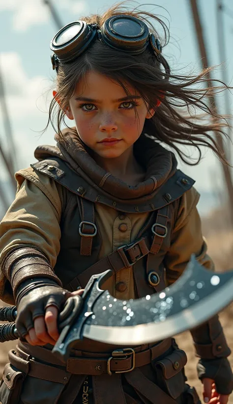 A fierce, young airship raider with windswept hair and a smirk that hides countless schemes. Their gear is patched together from scavenged leather, brass, and torn sails, forming a ragged but functional ensemble. Goggles rest on their forehead, and their h...