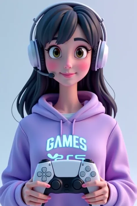 3D animated image ,
a white woman wearing a headset ,
 dark and smooth hair
lilac sweatshirt with GAMES logo in cyan
holding a PS5 controller