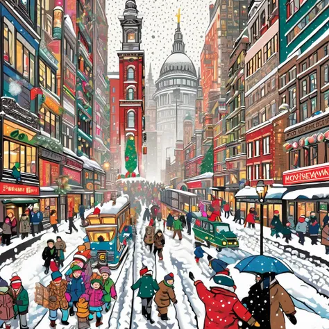 Super detailed, top quality, graphic design pop art, christmas editorial illustrations, picture book illustrations and collage of newspaper articles in a snowy metropolis, masterpiece