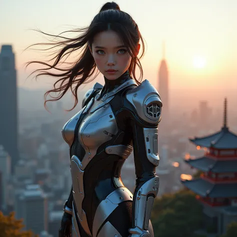 A stunning, high-resolution (8K) photograph of a young Japanese woman, with glowing blue eyes, pale skin, and a curvy figure. She is adorned in a sleek, futuristic bio-armor, exuding a sensual and powerful aura. The armor is intricately designed with advan...