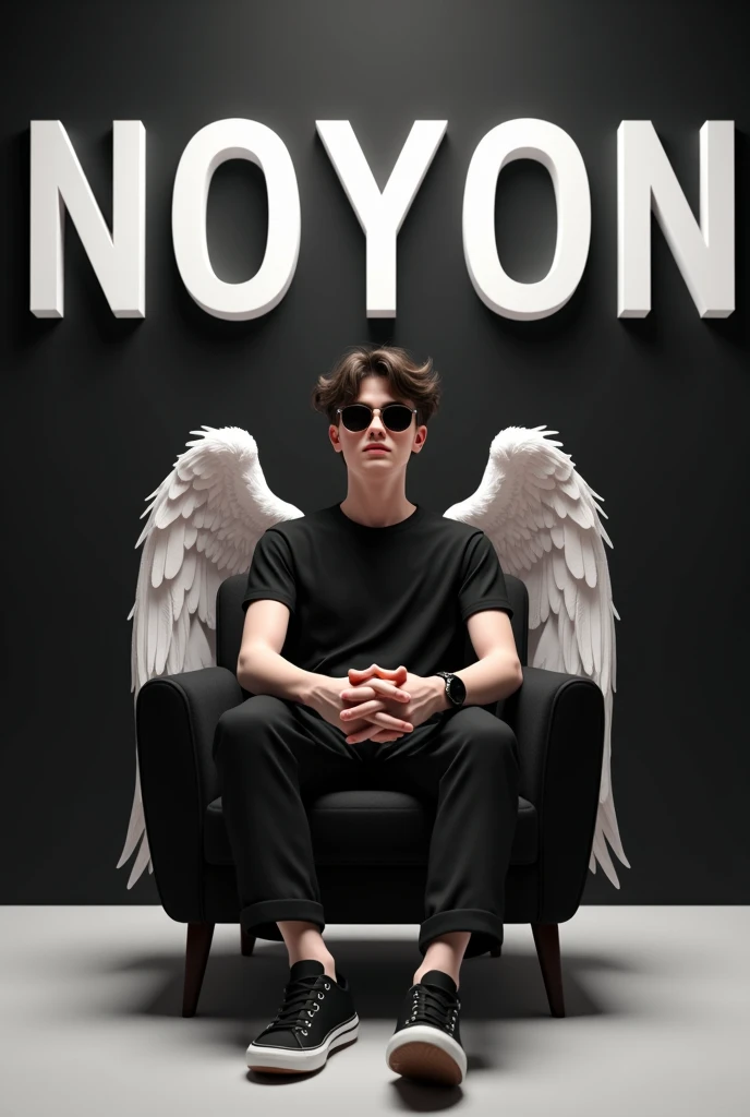 Create a 3D illusion for a picture where a boy 21 years in a black t-shirt sits casually on a wingback chair.wearing sneakers ,, and sunglass, he looks ahead . The background features "NOYON "in Big ant capital white fonts on the black wall. There should n...