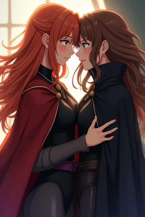 
Give me 2 heroines , kissing .  A heroine has open ginger hair  ,  amber eyes and wears a wise cape  .  The other heroine has brown hair  ,  deep blue eyes and wears a black cape with a standing collar .