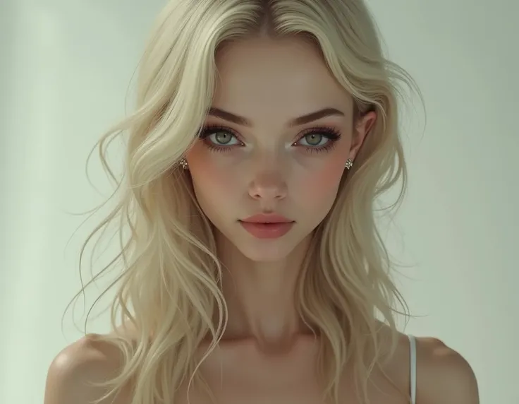  a very thin woman with very beautiful eyes and arched eyebrows, She is a blonde with long hair and a big nose 