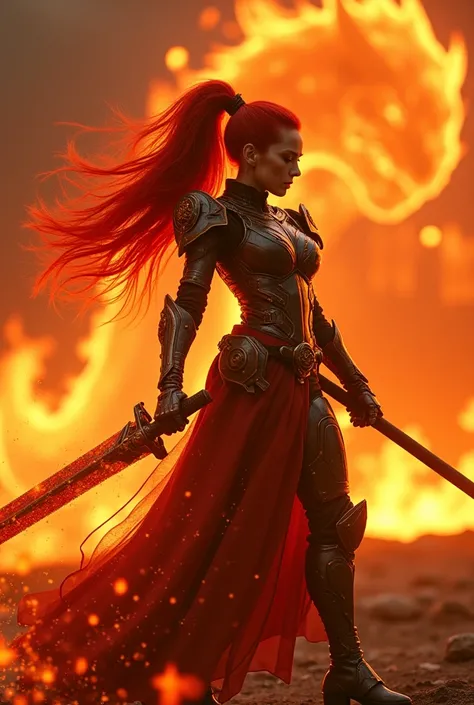 In a cinematic Cowboy Shot framing, a majestic woman wears a core style ninja robot armor,  her bright red hair flowing like flames in a long ponytail on her back . Against the flaming backdrop of a red battlefield, where a translucent dragon made of summo...