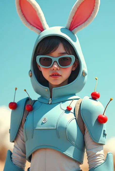 Young woman in a light blue bunny costume with sunglasses and gloves and a Armor west and cherries 