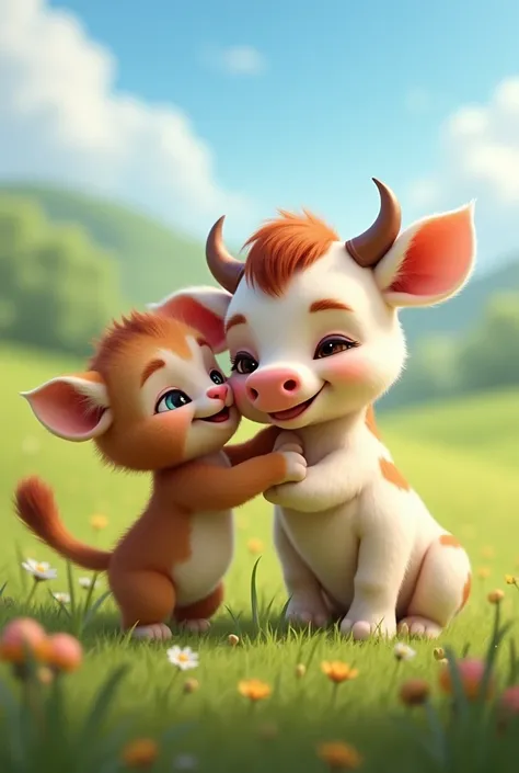 a little kitty and a baby cow hugging and laughing together