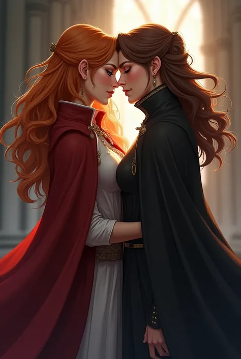 
Give me 2 heroines , kissing .  A heroine has open ginger hair  ,  amber eyes and wears a wise cape  .  The other heroine has brown hair  ,  deep blue eyes and wears a black cape with a standing collar .