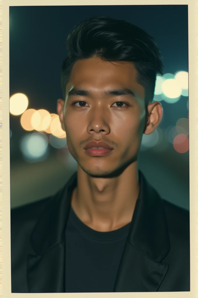 polaroid photo,night photo,photo of 18 y.o beautiful man,bokeh,black blazer,