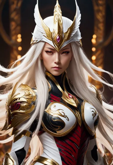 A highly stylized fantasy image of Angewomon. She is a female character wearing elaborate, intricate redblack armor with gold accents. The character has long white hair and is wearing a detailed helmet that covers most of her face. The helmet features eleg...