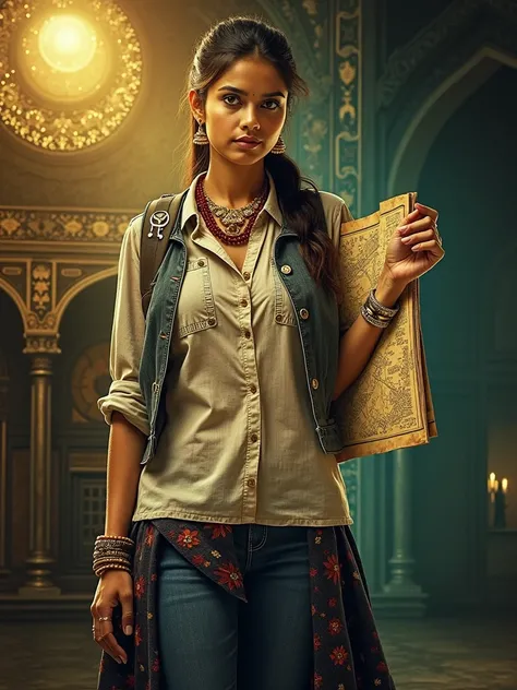 A captivating Bollywood movie poster named "Tera Mera Pyaar Amar" centered on a young female archaeologist (24 years old) standing confidently in the foreground. She wears a stylish Indo-western outfit: denim jeans paired with a shirt and boots or a flowin...