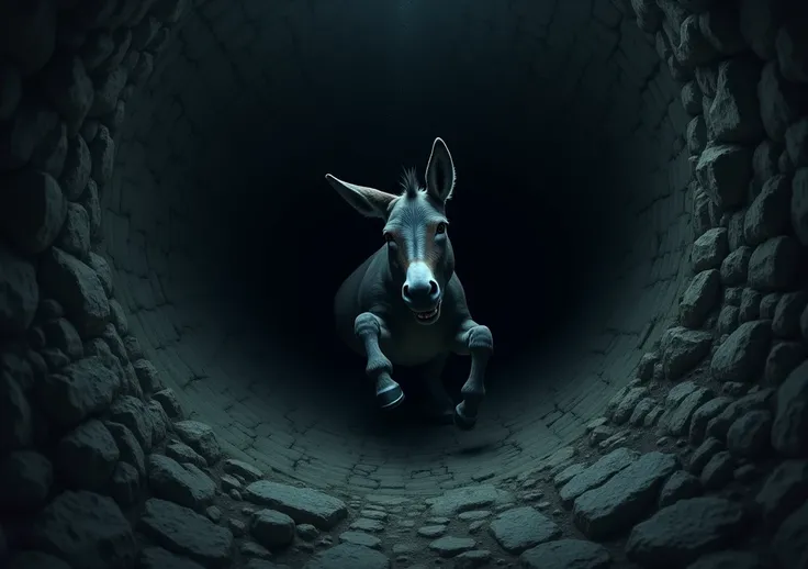 A donkey falling into a dark, old well during the night. The well is deep and surrounded by shadows. No focus image The donkey is visible, struggling and calling for help in the dark."