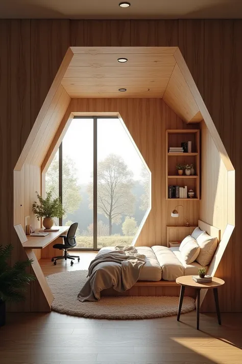 a hexagon shaped bedroom and study area