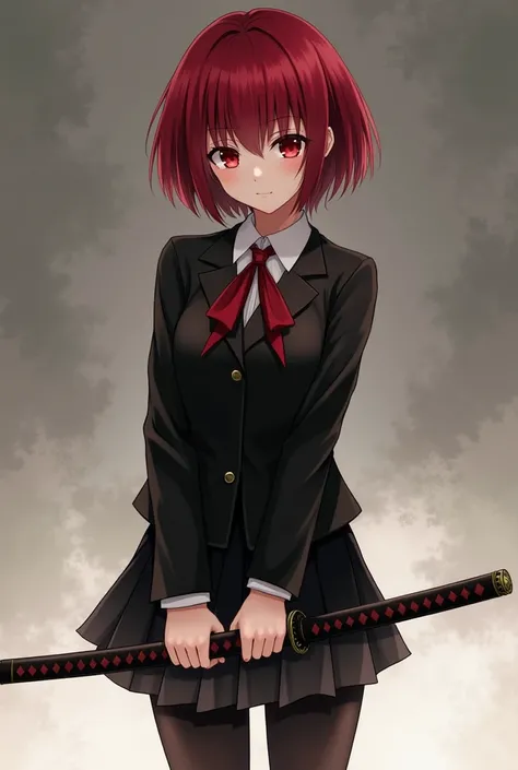 A teenage girl in anime style, with short red hair and intense red eyes. She wears a black school uniform paired with black tights and stands confidently, facing forward. She holds a katana firmly in her hands, exuding determination. The background is mini...