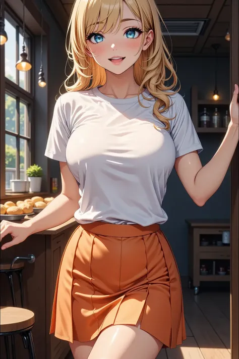 Anna Miller&#39;Uniform,  white round collar shirt ,   orange skirt  ,   high waist  , Orange Apron ,  A cafe that sells American homemade pies, ((  best quality,   High Definition to keep your legs loosely aligned ,    Perfect Pixel  ,   written boundary ...