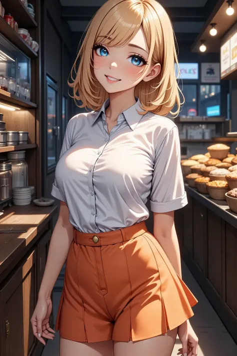 Anna Miller&#39;Uniform,  white round collar shirt ,   orange skirt  ,   high waist  , Orange Apron ,  A cafe that sells American homemade pies, ((  best quality,   High Definition to keep your legs loosely aligned ,    Perfect Pixel  ,   written boundary ...