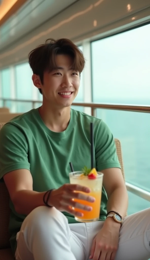  26-year-old Korean boy ,  with brown hair and defined physique ,  dressed in white jeans clothes , plain green t-shirt sitting on the seat of a cruise ship, with a Hawaiian drink in his hand ,  image as if he had taken the photo from his cell phone , a se...