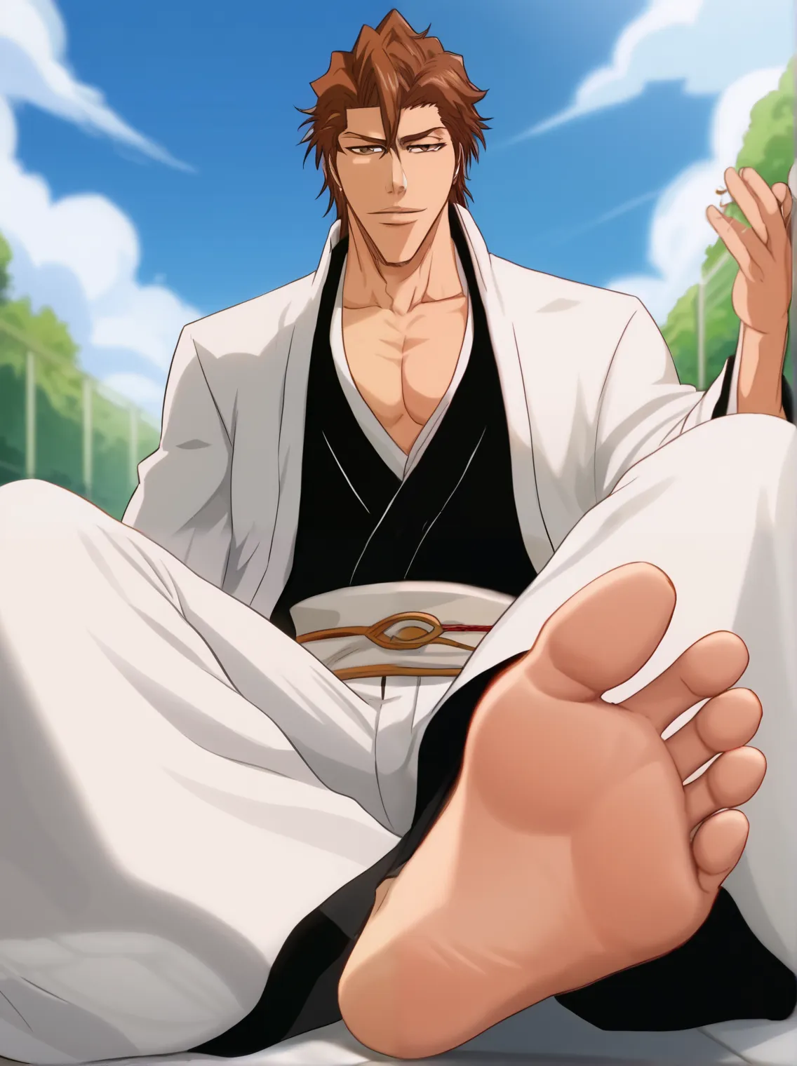 score_9, score_8_up, source_anime,
1boy, sōsuke aizen, bleach, in a garden, sitting on the ground, looking at viewer, cowboy sho...