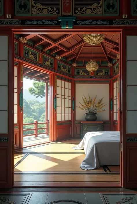 Create a Japanese room .  With the bed positioned on the right side diagonally .  Looking at the background of the room .  Create the image based on the Nikkô Tôshô-gu shrine representative of Japan. with the colors (1.	dorado:  Used in decorative details ...