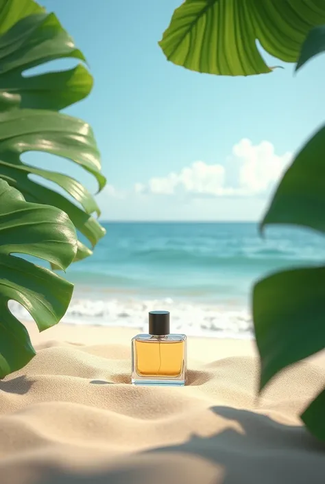 beach,beige sand around,ocean in the background,perfume in the sand in the foreground,bright green large leaves under the perfume,detailed,realistic photo