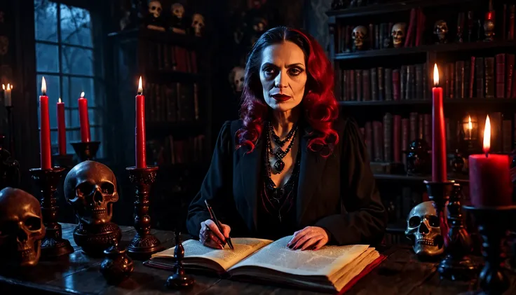 Well-dressed woman journalist, interviewing Old gloomy witch, House with skulls, black and red candles, low light, all gloomy.