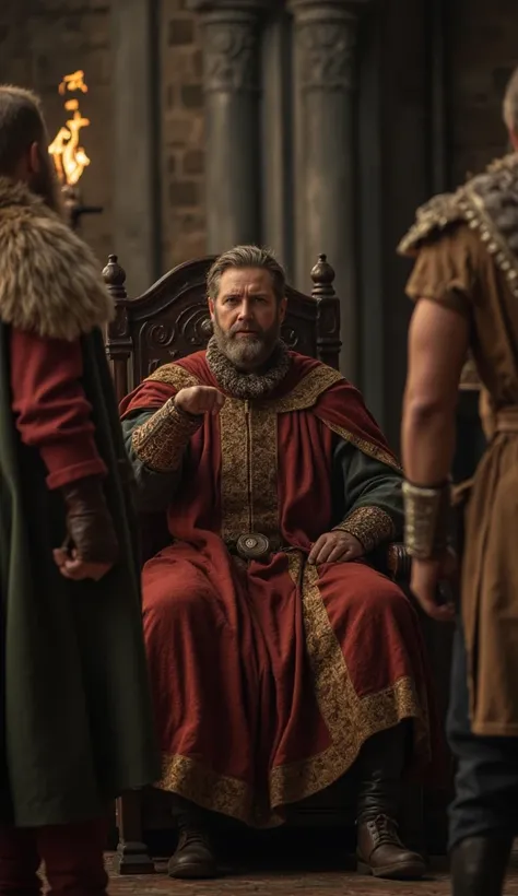 An intense medieval scene: a powerful king dressed in rich robes, seated on a grand throne, glaring at a group of rebellious barons standing defiantly before him. The setting is a dimly lit, grand stone hall with flickering torches casting dramatic shadows...