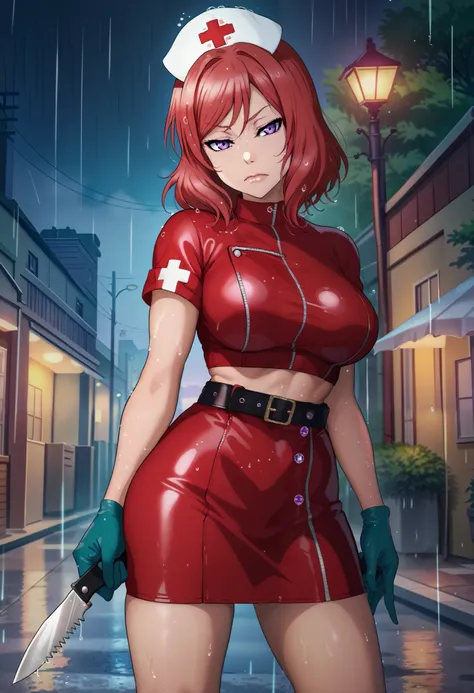 masterpiece, best quality, front view, nishikino maki,red hair, medium hair, purple eyes , nurse, nurse cap, big breasts, red crop top, blue short sleeves,gloves,red skirt,belt,(skin tight:1.2),in Street, holding small knife , evil , standing, legs apart ,...
