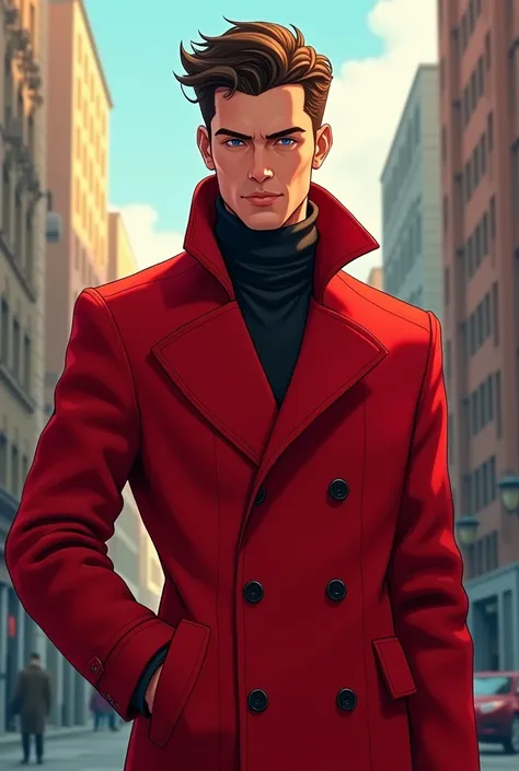 I want a drawing of a young man in a red coat