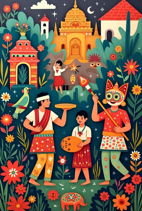 A playful, naive-style painting depicting the rich cultural heritage of Indonesia. The artwork features whimsical, colorful representations of traditional elements such as people playing the Angklung, performing Tari Piring (Plate Dance), and engaging in P...