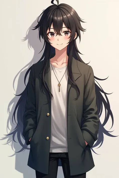 Anime character boy age 25 stand and look Camara long hair black 2 peace little bit smile in eyes and lips