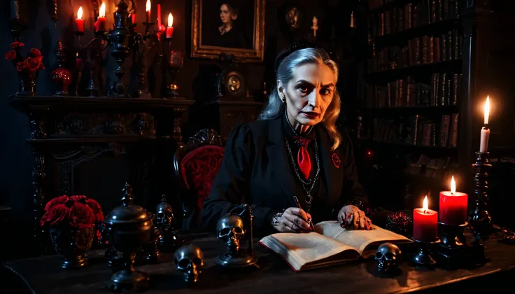Well-dressed woman journalist, interviewing Old gloomy witch, House with skulls, black and red candles, low light, all gloomy.