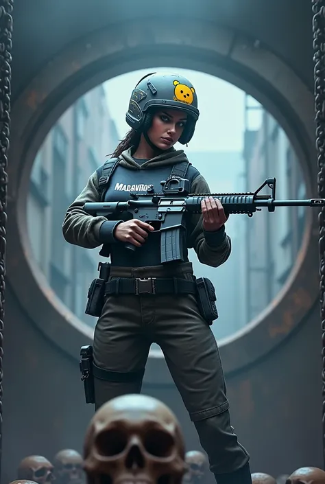 A PUBG avatar featuring a female soldier holding an ice-themed M416 rifle. The soldier is wearing an Inferno-style helmet with a small yellow bear design on it. The soldier’s face is visible, and the outfit is slightly loose. The outfit has the word ‘madam...