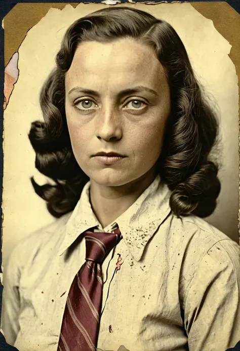 arafed photo of a woman with a tie and a shirt, photo of a woman, old photograph, realistic old photograph, restored color, collodion photograph, realistic old photo, a colorized photo, old photo, photographic portrait, restored photo, vintage closeup phot...