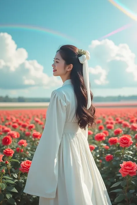  Realistic photo of a Korean fat woman  ,  long hair with a large white ribbon  ,  wears a long white dress with unique long sleeves made of bahdn brudn cat,  standing looking back and looking forward smiling  ,  blooming red roses  ,  background of a vast...