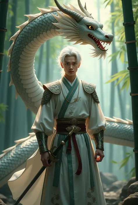 A young, handsome Chinese male hero named Xiao Li, with white hair and wearing ancient Chinese armor, standing tall in a bamboo forest. He is surrounded by the majestic figure of a dragon (Long Ji), which is his animal companion. The dragon is elegant, wit...