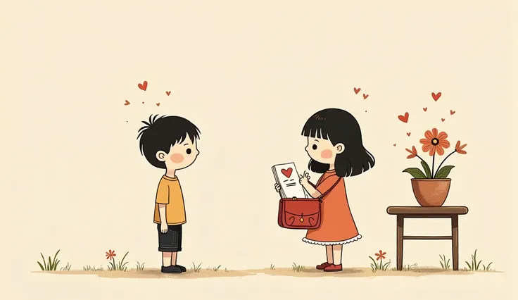  Illustration of a boy and a short one , with simple and cute strokes,  minimalist and nostalgic style ,  similar to the Amar is ... from the 70s .  A finds a note with a heart drawn inside his bag and smiles in surprise,  while the boy watches her with a ...