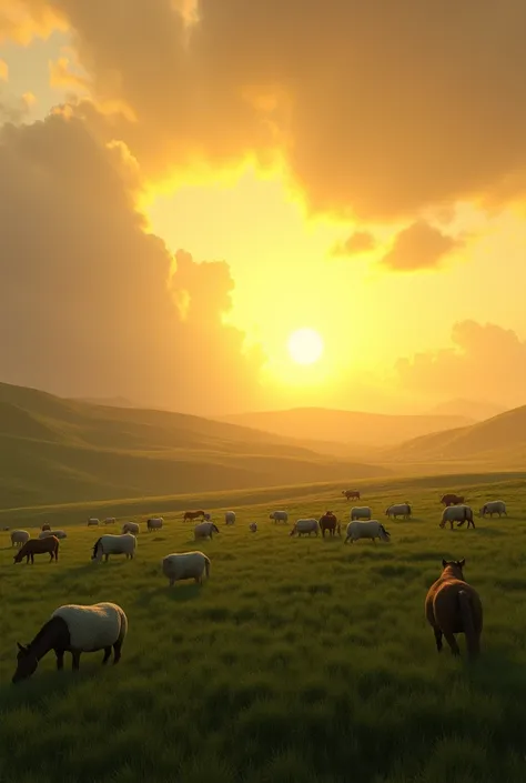 Make a large grassland like Tore Jailau. It is dusk and there is not sun but there are yellow clouds because of sun. 4k. Extra relastic and real.and some sheep and horses grazing the lawn grasses